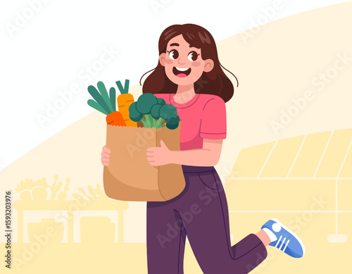 A happy young woman is running with a grocery bag filled with fresh vegetables, representing health, joy, and the satisfaction of shopping for nutritious food.