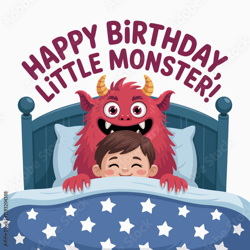 A playful scene of a boy tucked in bed with a whimsical monster, celebrating the imagination of childhood and the joy of bedtime stories, creating a playful sense of safety and comfort.