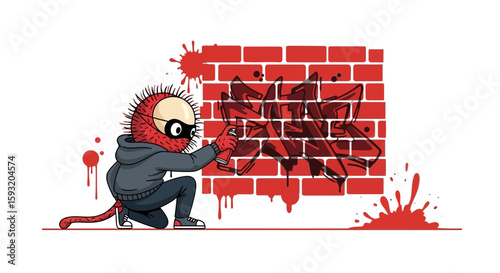 Cartoonish Creature Spraying Graffiti Art On a Brick Wall With Carelessness