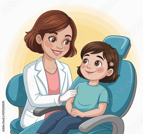 A cheerful dentist interacts with a young girl in a brightly lit dental office, showcasing comfort and care in dental visits, instilling trust in children about oral health.