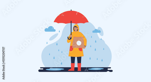 Courier Delivering Package Under Umbrella In The Rain Rainy Weather Concept