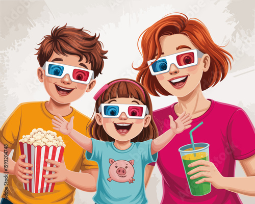 A happy family of three enjoys movie night, wearing 3D glasses and holding popcorn and drinks, highlighting togetherness and enjoyment in a fun cinematic atmosphere.