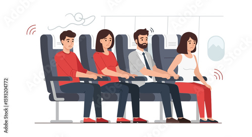 Anxious Passengers Gripping Armrests During Turbulent Airplane Flight Illustration