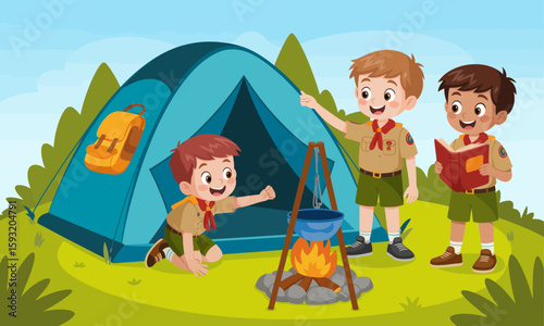This cheerful scene shows three boy scouts having fun around a campfire, engaging in activities that emphasize friendship and outdoor adventure in nature.