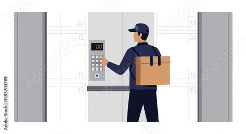 Courier Pressing Elevator Button For Delivery Service In Apartment Illustration