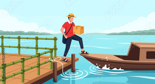 Courier Transferring Package From Dock To Boat In Tranquil Waters Delivery