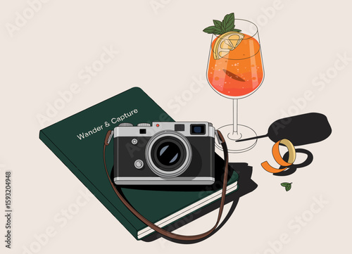 A visually appealing still life arrangement featuring a vintage camera and a refreshing cocktail, symbolizing exploration, creativity, and the joys of capturing memories.