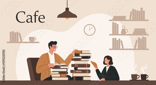 Cozy Cafe Reading Atmosphere With Students And Books In A Library Concept