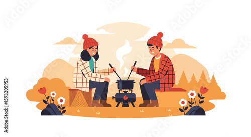 Cozy Camping Experience: A Couple Enjoys Fondue in the Outdoors