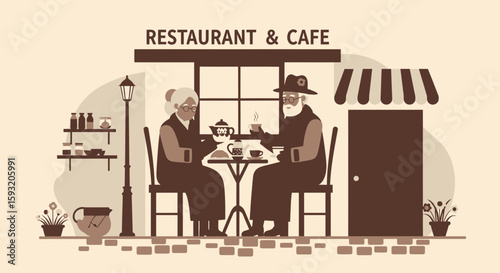 Charming Seniors Enjoying Tea Time At An Outdoor Cafe, Sepia Tones