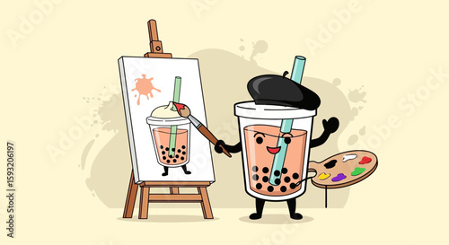 Artistic Bubble Tea Illustrating Self Portrait On Canvas With Brush Palette