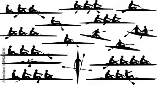 rowing silhouette collection set. water sport, race, transport, teamwork concept. different action, pose. monochrome vector illustration.	