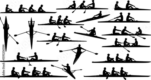 rowing silhouette collection set. water sport, race, transport, teamwork concept. different action, pose. monochrome vector illustration.	