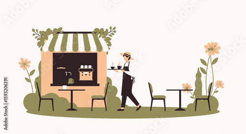 Cozy Coffee Shop With Smiling Waiter Serving Refreshments In The Garden