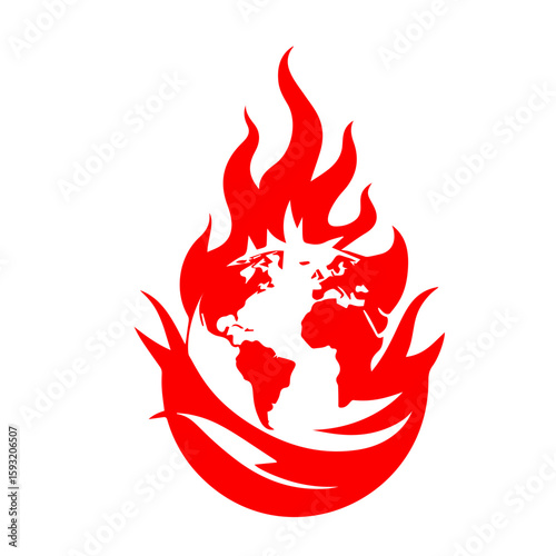 Red globe icon with flames symbolizing global warming and environmental issues on transparent background