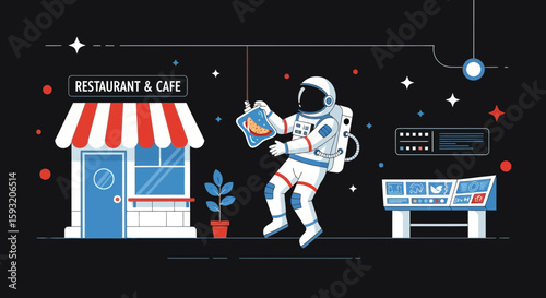 Astronaut Delivering Takeout Food To Space Station With Restaurant And Cafe