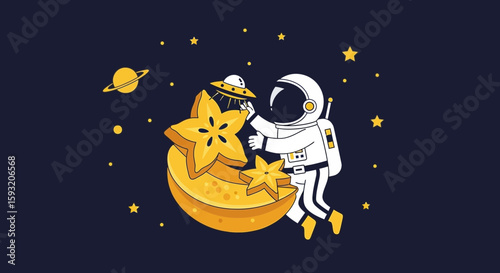 Astronaut Exploring Strange Exotic Fruit World With Ufo Among The Stars