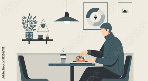 Cozy Morning At The Cafe Enjoying Cinnamon Roll And Hot Coffee