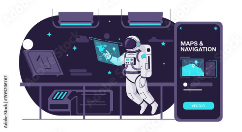Astronaut Navigating Space With Digital Map And Application In A Futuristic Environment