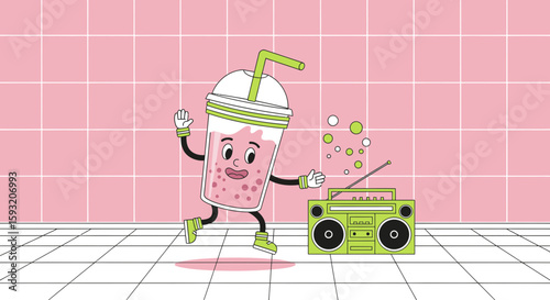 Cheerful Boba Tea Character Dancing To Music From Vintage Boombox