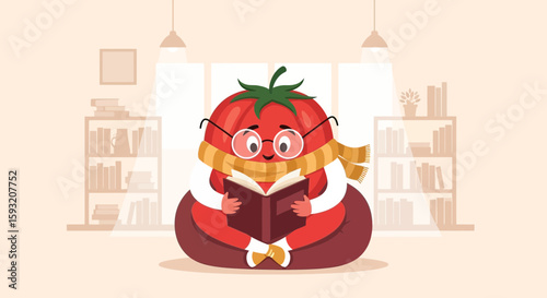 Cozy Tomato Character Enjoying A Book In A Library Reading Time Concept