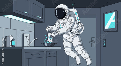 Astronaut Preparing Meal In Kitchen Futuristic Concept Render Art Design