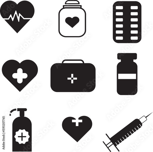 Medical and Healthcare Icon Set – Syringe, Heart, Pills, Bottle, First Aid Vector