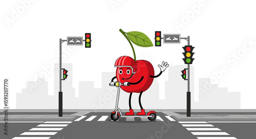 Cheerful Cherry Cartoon Character Rides a Scooter at Traffic Light Intersection