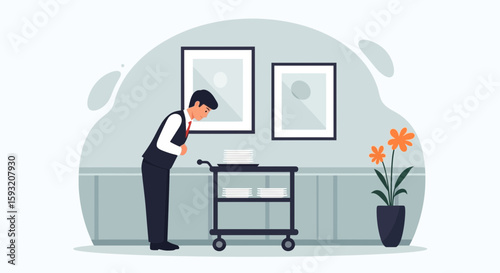Attentive Hotel Staff Member Preparing Linen Cart for Guest Room Service