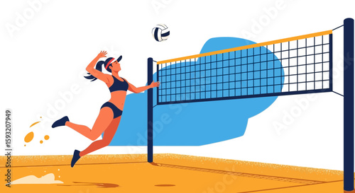 Athletic Woman Spiking Ball During Beach Volleyball Game Near Sea And Net