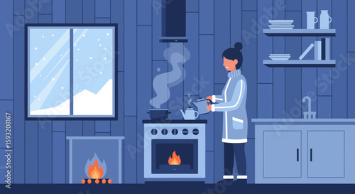 Cozy Winter Kitchen Scene Woman Preparing Drink By Fireplace Illustration