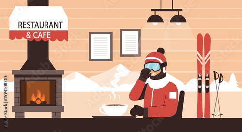 Cozy Winter Retreat Featuring Skier Enjoying Hot Drink By The Fireplace
