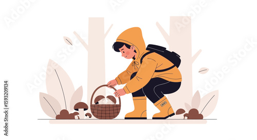 Autumnal Adventure: Boy Foraging For Wild Mushrooms In A Tranquil Forest Setting