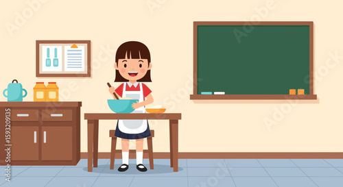 Cheerful Girl In Apron Prepares A Meal At A Kitchen Counter Cartoon Illustration