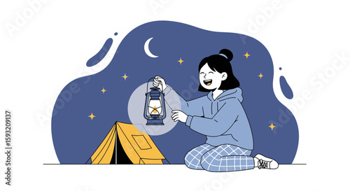 Cheerful Girl Enjoying Camping Adventure With Vintage Lantern Under Starry Night