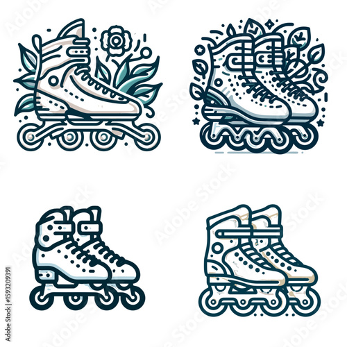 Rollerblades pair in decorated style with flower and leaves  