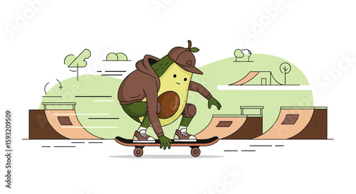 Avocado Athlete: An Energetic Food Character on a Skateboard in the Skate Park