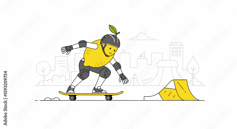 Fototapeta premium Cheerful Lemon Character Enjoying Skateboarding Adventure In Urban Landscape