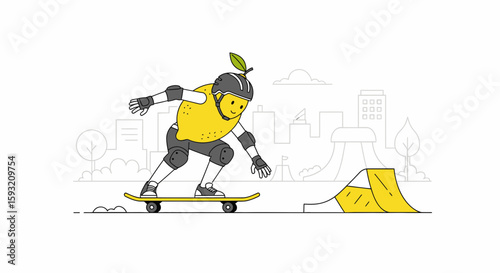 Cheerful Lemon Character Enjoying Skateboarding Adventure In Urban Landscape