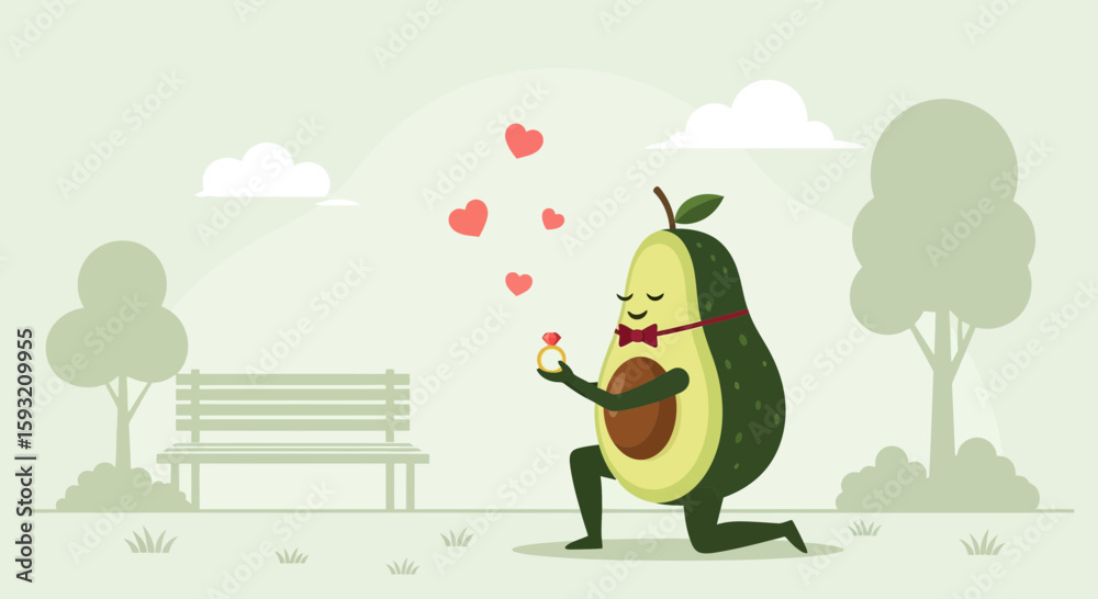 Fototapeta premium Avocado Proposes With Ring In Park Under Hearts For Romantic Moment