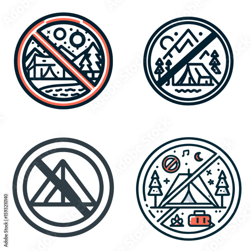 No camping symbols in circular designs with outdoor illustrations  