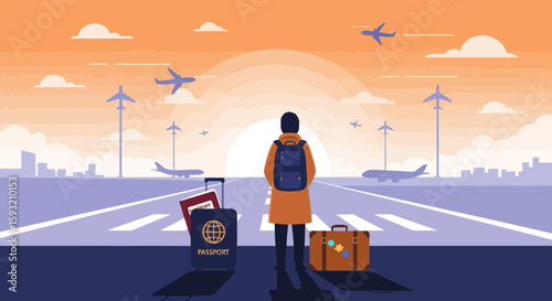 Awaiting Departure Young Traveler On Airport Runway At Sunset Illustration
