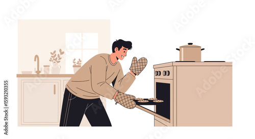 Cheerful Man Baking Cookies At Home With Oven Mitts On Cooking Concept