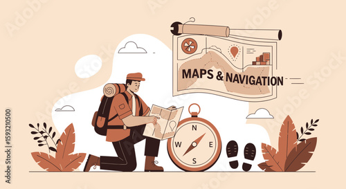 Backpacker Navigating with Map and Compass During Outdoor Adventure Trip