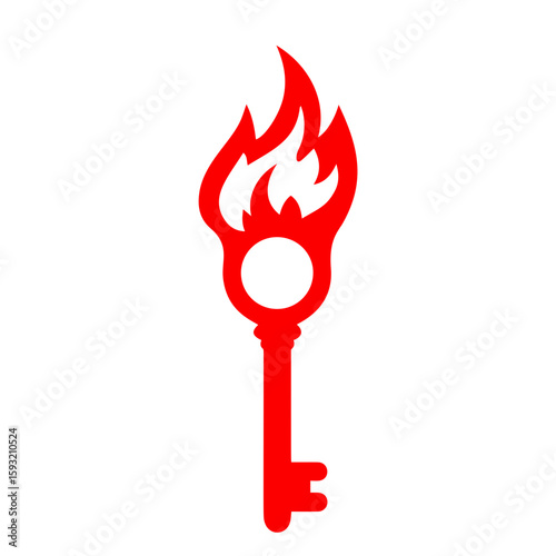 Red key icon with flame and circle representing security and transformation on transparent background