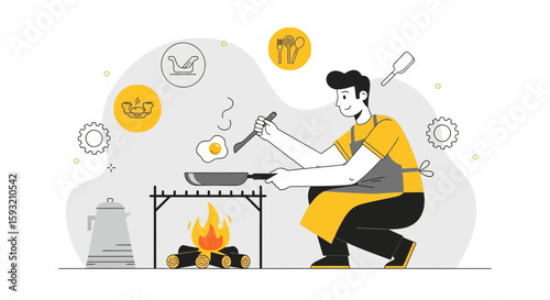 Cheerful Man Preparing Breakfast Over Campfire Enjoying Outdoors Cooking Adventure