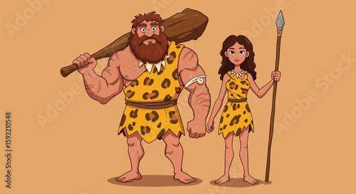 Caveman and Cavewoman in Prehistoric Clothing with Tools