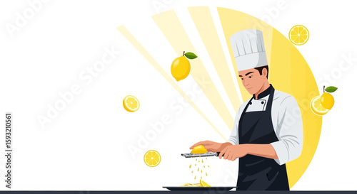 Creative Chef Grating Fresh Lemon Illustration For Culinary Presentation