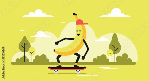 Banana Character Skateboarding In A Park With Clouds On A Yellow Background