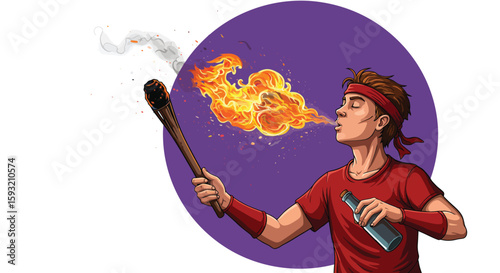 Fire Breather Performing with a Flaming Torch
